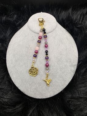 Beaded Pink & Purple Tassel Keychain with Gold Flower & Hummingbird Charms